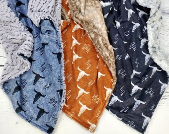 Longhorn Baby Blanket - Western Baby Blanket - Longhorn Crib Bedding - Longhorn Baby Gift - Ready To Ship Blanket - Fast Ship Baby Gift