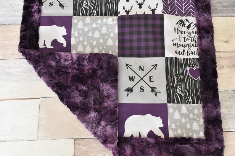 Purple Bear Blanket Purple Baby Blanket Baby Shower Gift Girl Deer Blanket Purple Woodland Blanket Minky Blanket Purple Nursery