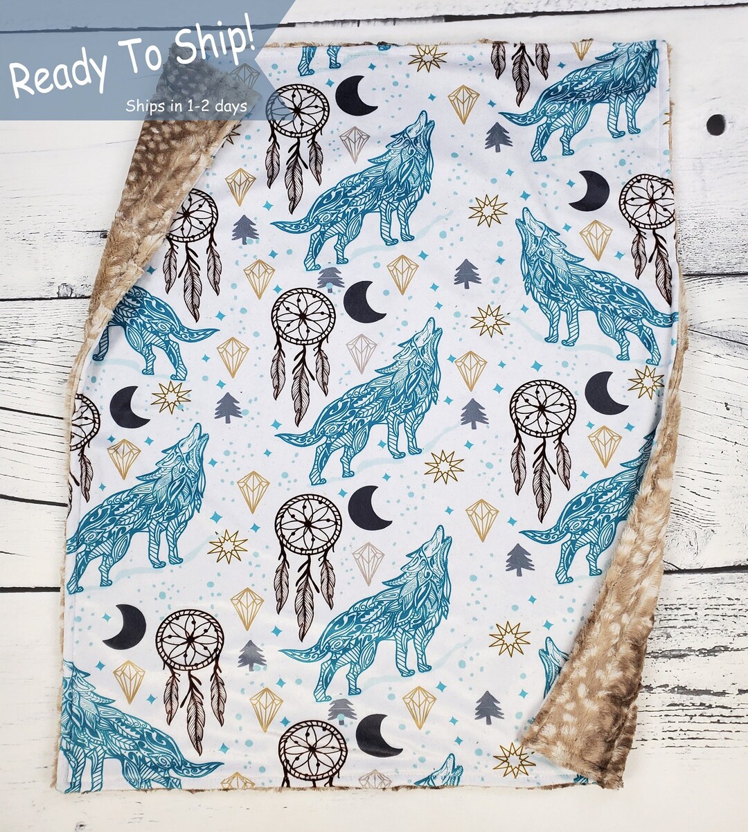 Wolf Blanket Ready to Ship Wolf Baby Blanket Wolf Baby Gift Blue Wolf