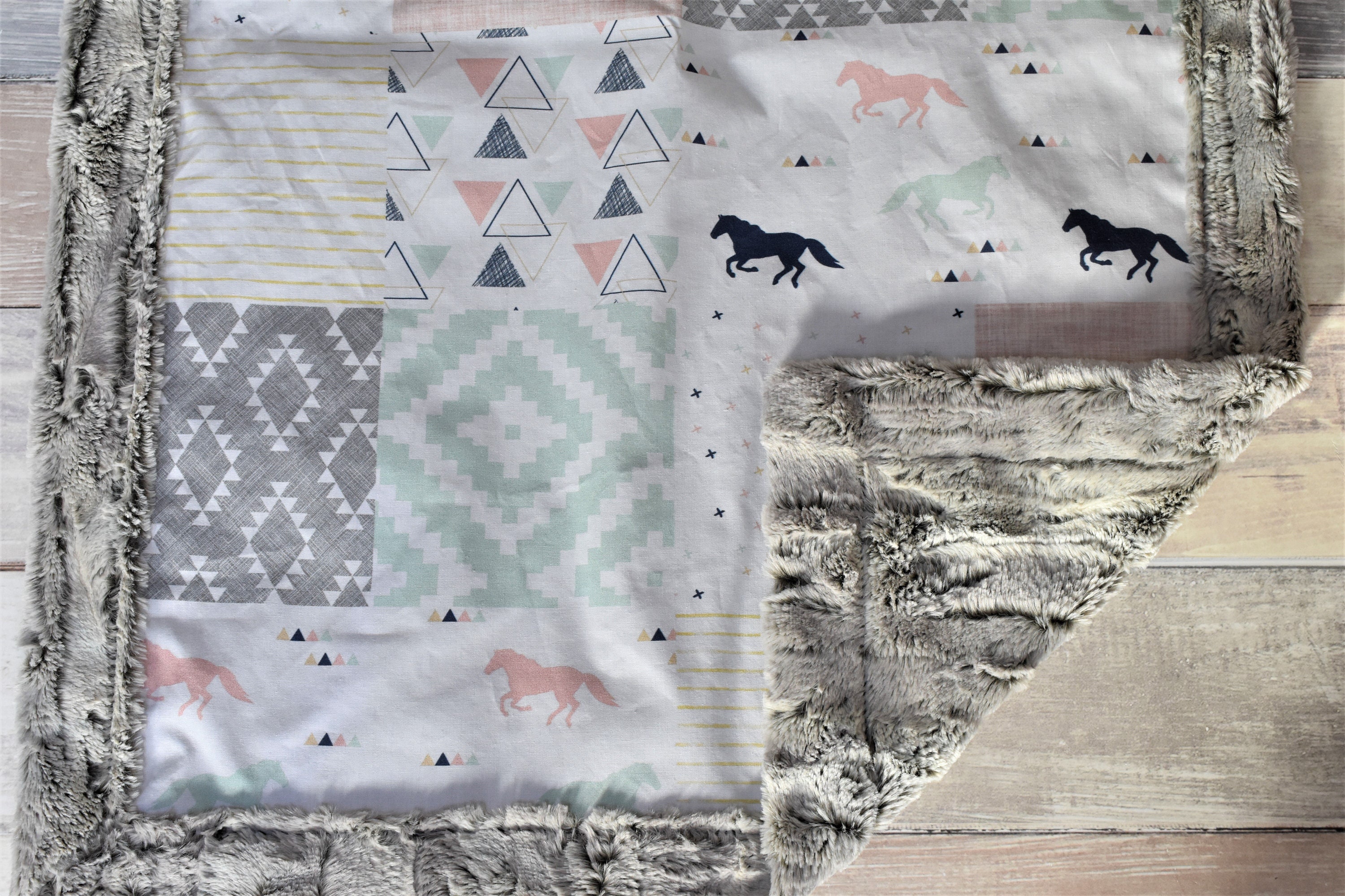 Horse Baby Blanket Pink and Mint Horse Blanket Horse Girl Etsy