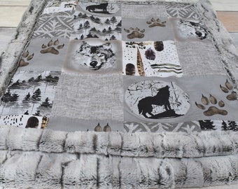 Wolf Baby Blanket - Gray Wolf Blanket - Wolf Baby Bedding - Wolf Crib Bedding - Wolf Baby Gift - Woodland Blanket - Woodland Baby Bedding