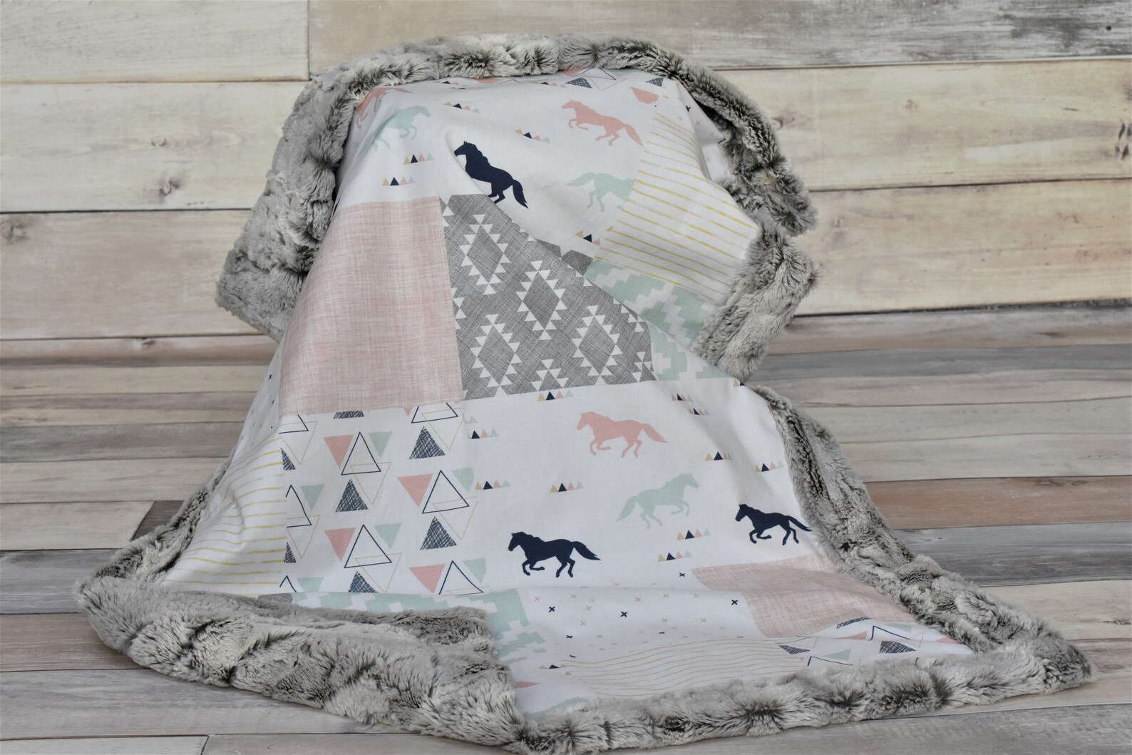 Horse Baby Blanket Pink and Mint Horse Blanket Horse Girl Etsy