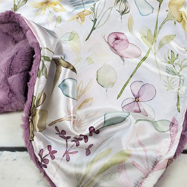 Satin Purple Flower Blanket - Watercolor Flower Blanket - Satin Flower Blanket - Plum Nursery - Plum Baby Blanket - Flower Minky Blanket