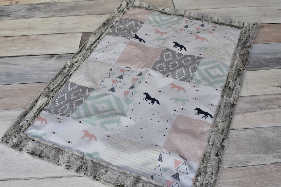 Horse Baby Blanket Pink and Mint Horse Blanket Horse Girl Etsy