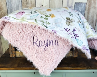 Personalized Watercolor Floral Minky Baby Blanket