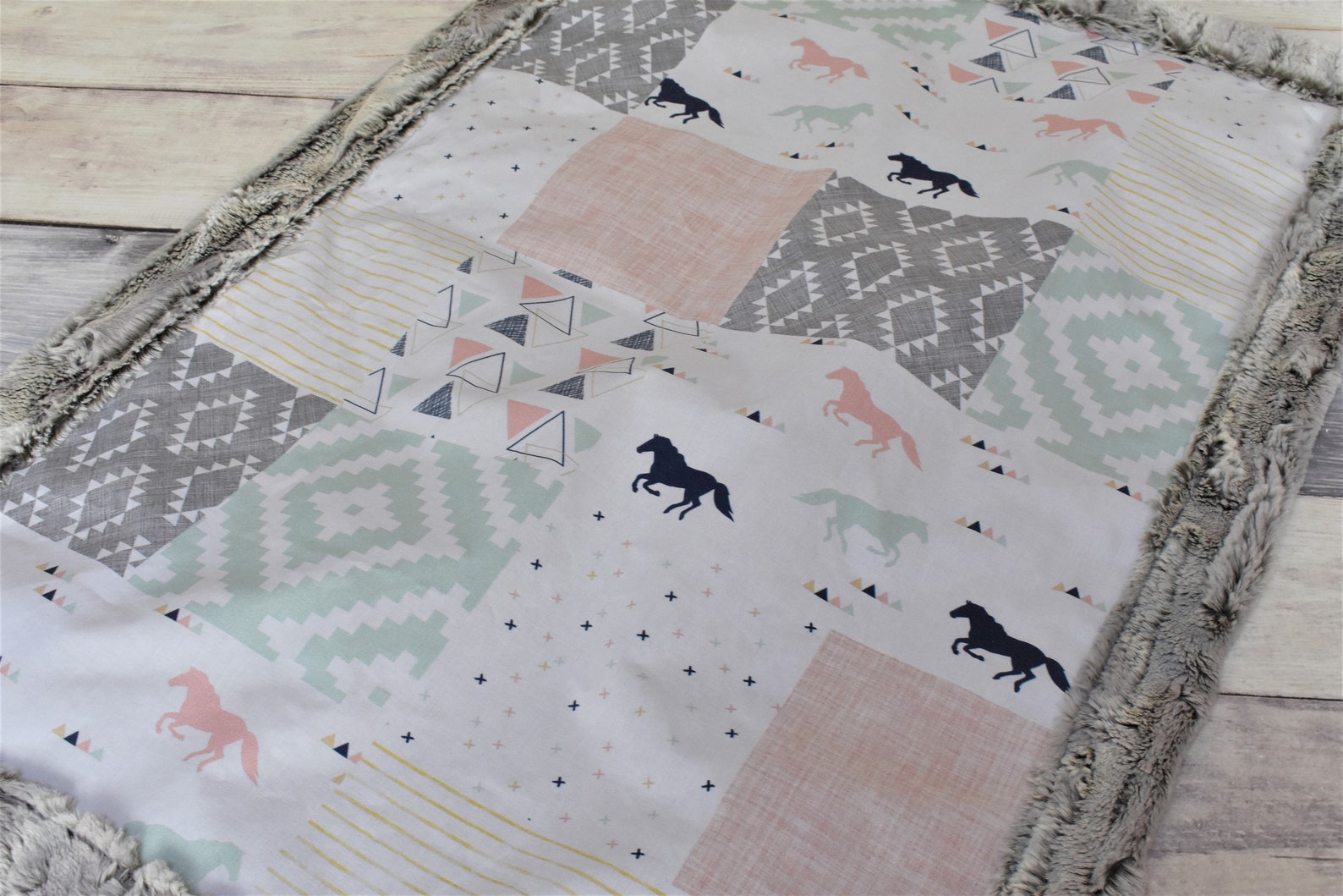 Horse Baby Blanket Pink and Mint Horse Blanket Horse Girl Etsy