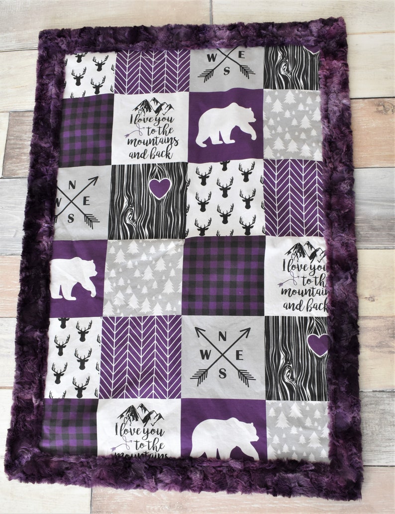 Purple Bear Blanket Purple Baby Blanket Baby Shower Gift Girl Deer Blanket Purple Woodland Blanket Minky Blanket Purple Nursery