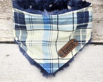 Personalized Dog Bandana - Adjustable Dog Bandana - Snap On Dog Bandana - Dog Bandana With Name - Blue Plaid Dog Bandana
