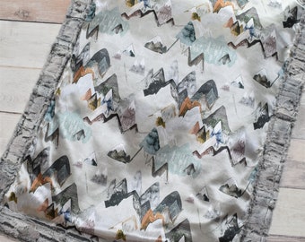 Satin Mountain Baby Blanket - Mountain Baby Blanket - Woodland Baby Blanket - Gender Neutral Baby Blanket - Minky Baby Blanket