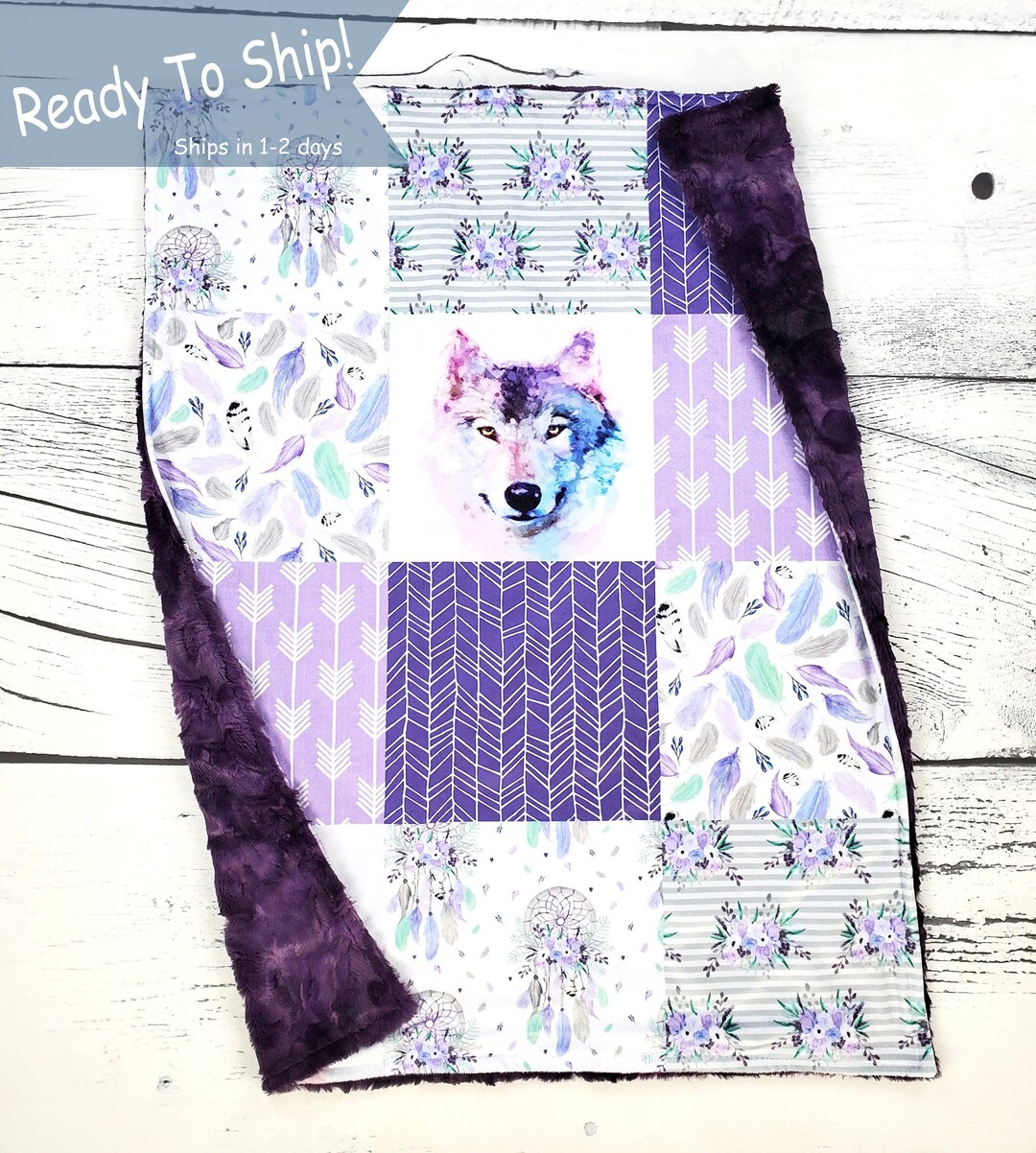 Purple Wolf Baby Blanket Wolf Girl Blanket Wolf Nursery Ready to Ship