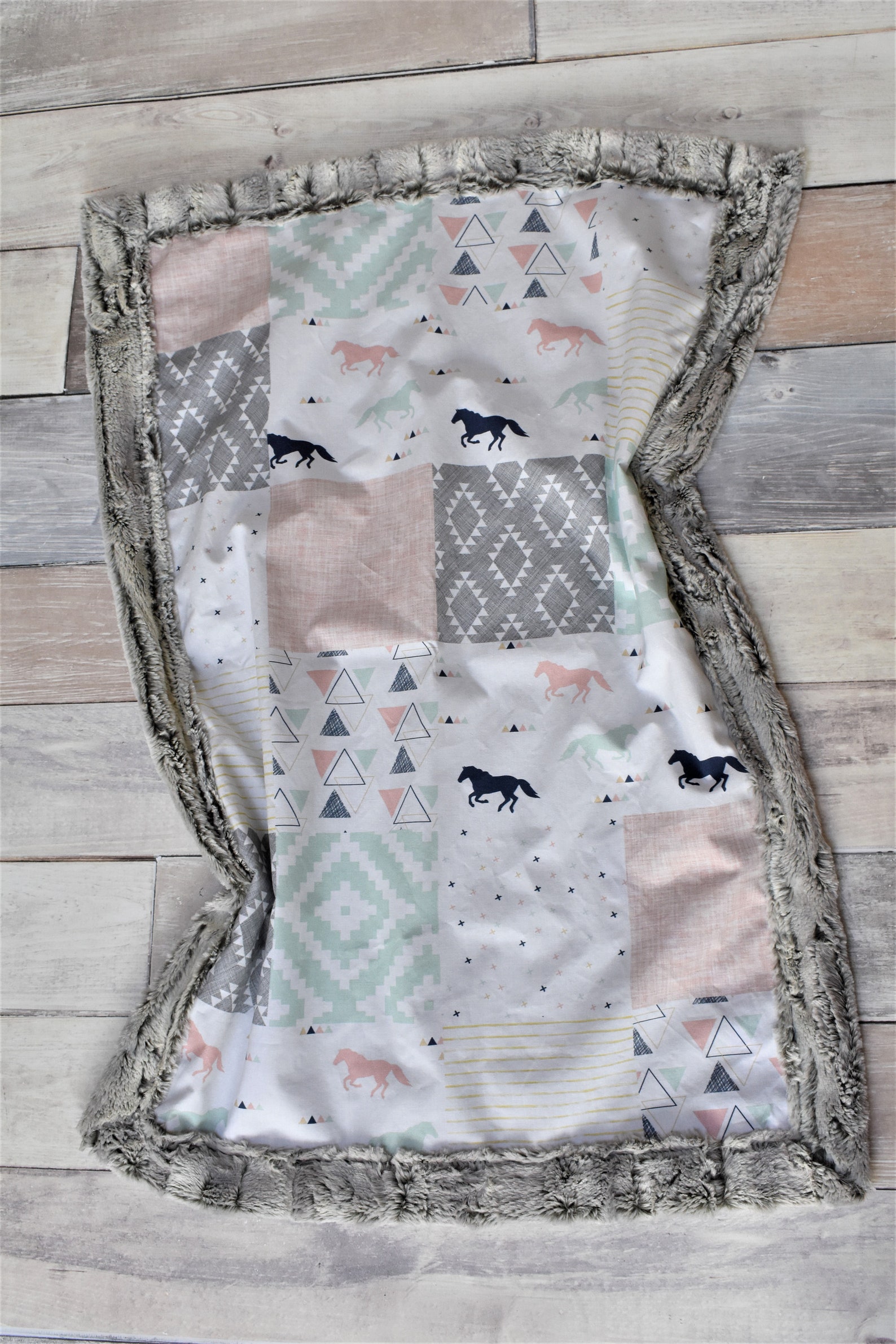 Horse Baby Blanket Pink and Mint Horse Blanket Horse Girl Etsy