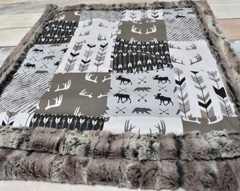 Woodland Baby Blanket - Rustic Woodland Blanket - Moose Blanket - Bear Blanket - Deer Antler Blanket - Woodland Baby Bedding - Arrow Blanket