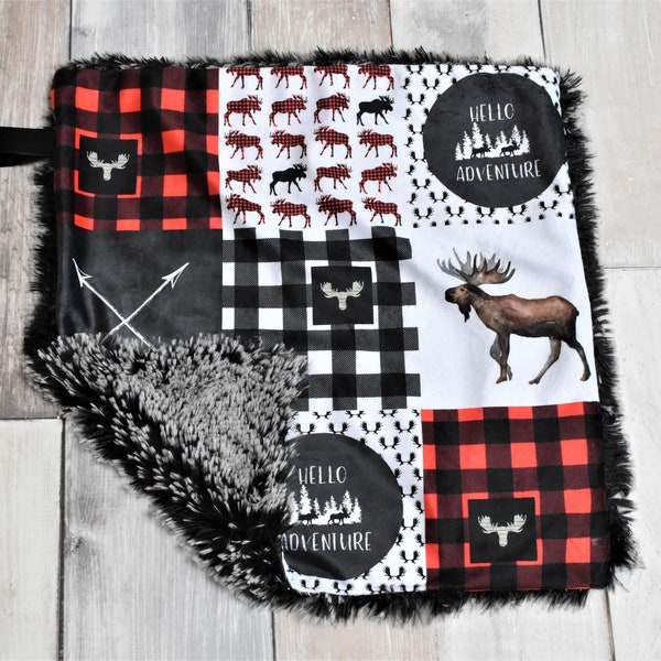 Moose Lovey - Woodland Lovey - Buffalo Plaid Lovey - Minky Lovey - Moose Security Blanket - Moose Baby Gift - Moose Mini Blanket - Lovey