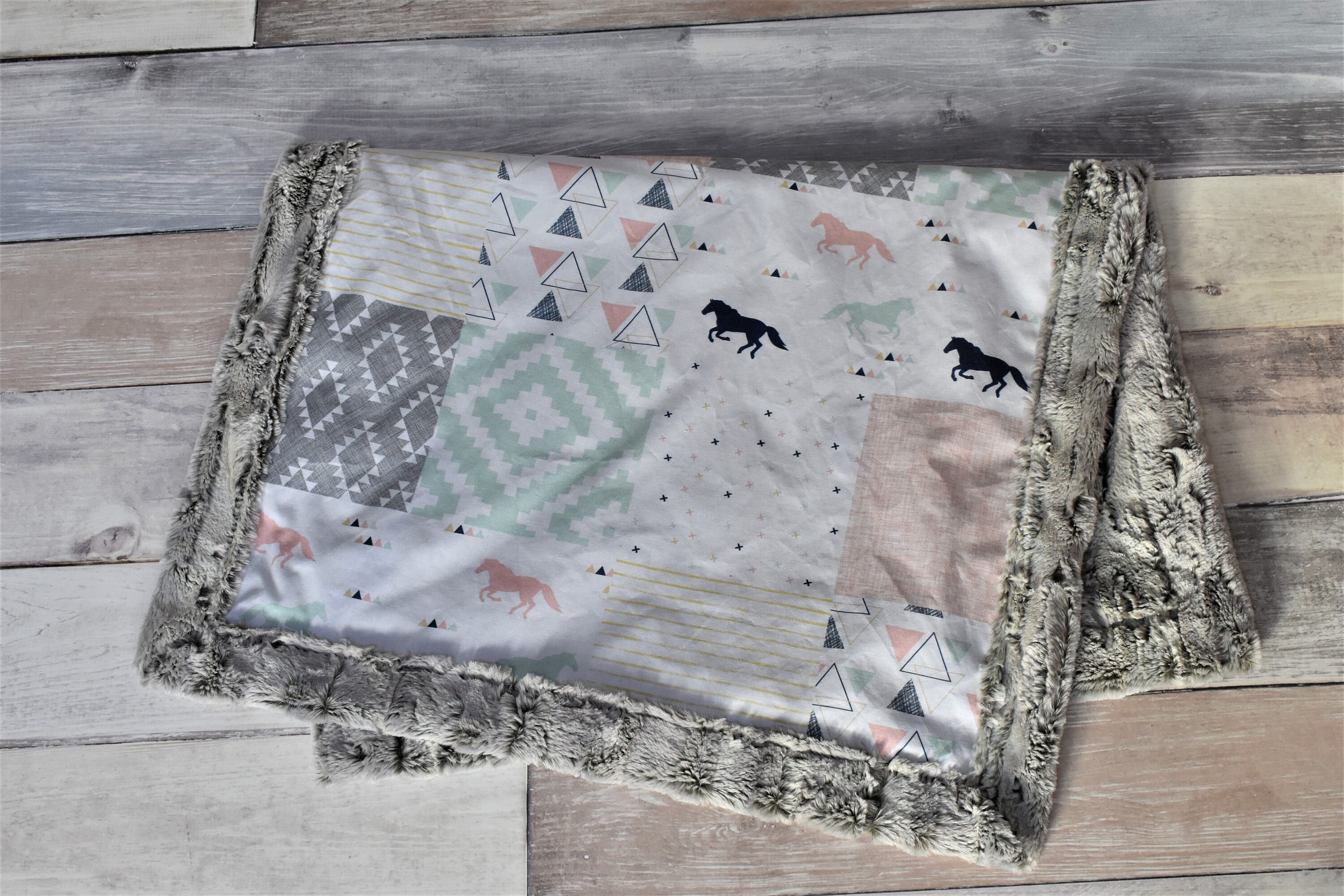 Horse Baby Blanket Pink and Mint Horse Blanket Horse Girl Etsy