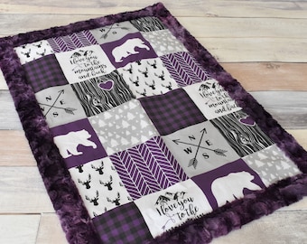 Purple Woodland Blanket - Girl Deer Blanket - Purple Bear Blanket - Purple Baby Blanket - Minky Blanket - Baby Shower Gift - Purple Nursery