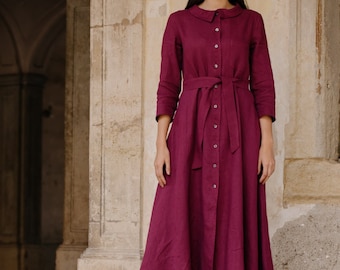 Long linen dress with buttons and belt • VERLINNE