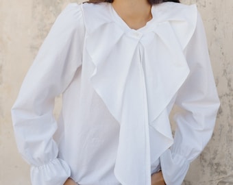 Cotton blouse TILDA • White cotton elegant blouse • Ruffled sleeve white blouse with bow at collar