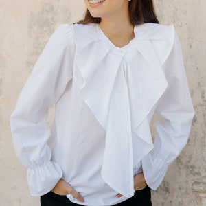 Cotton blouse TILDA White cotton elegant blouse Ruffled sleeve white blouse with bow at collar image 1