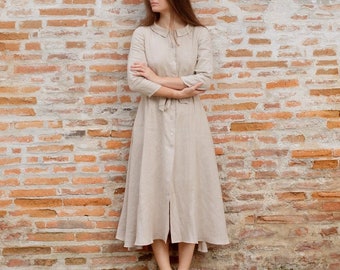 Long linen dress with buttons, collar and belt