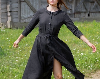 Long linen dress with buttons, collar and belt