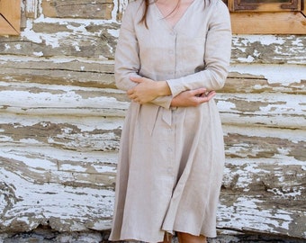 Linen dress with buttons and belt AGATHA