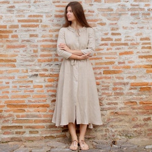 Long linen dress with buttons, collar and belt image 1