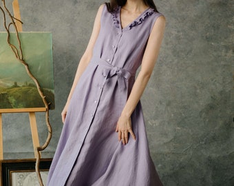 Sleeveless long button-down linen dress with ruffled detail at neckline ANEMONE • Elegant Shirt Dress • VERLINNE