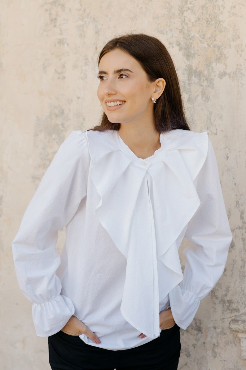 Cotton blouse TILDA White cotton elegant blouse Ruffled sleeve white blouse with bow at collar image 1