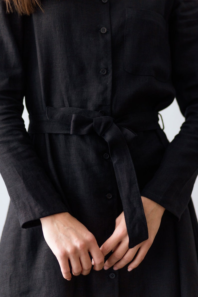 Linen Dress With Buttons and Belt AGATHA Office Linen Dress Linen Shirt