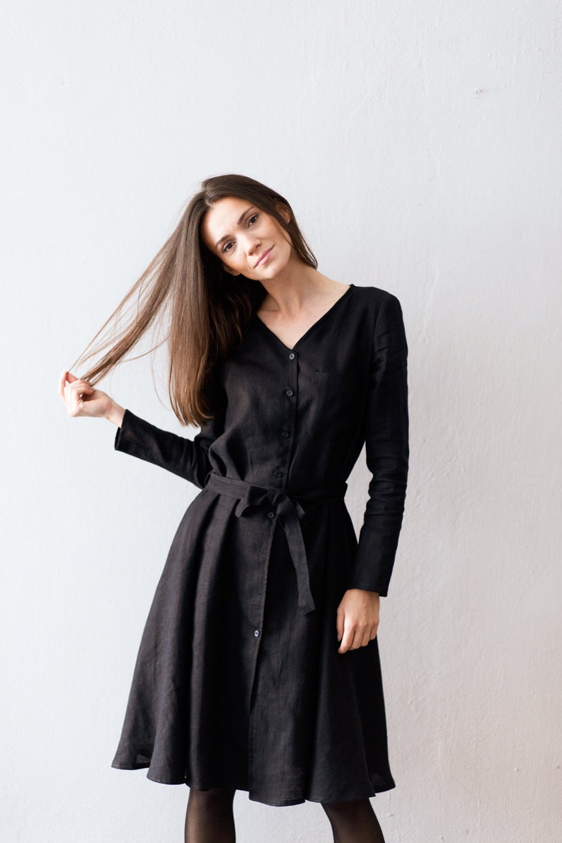 Linen Dress With Buttons and Belt AGATHA Office Linen Dress Linen Shirt