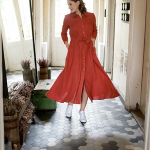 Long linen dress with buttons, collar and belt image 8