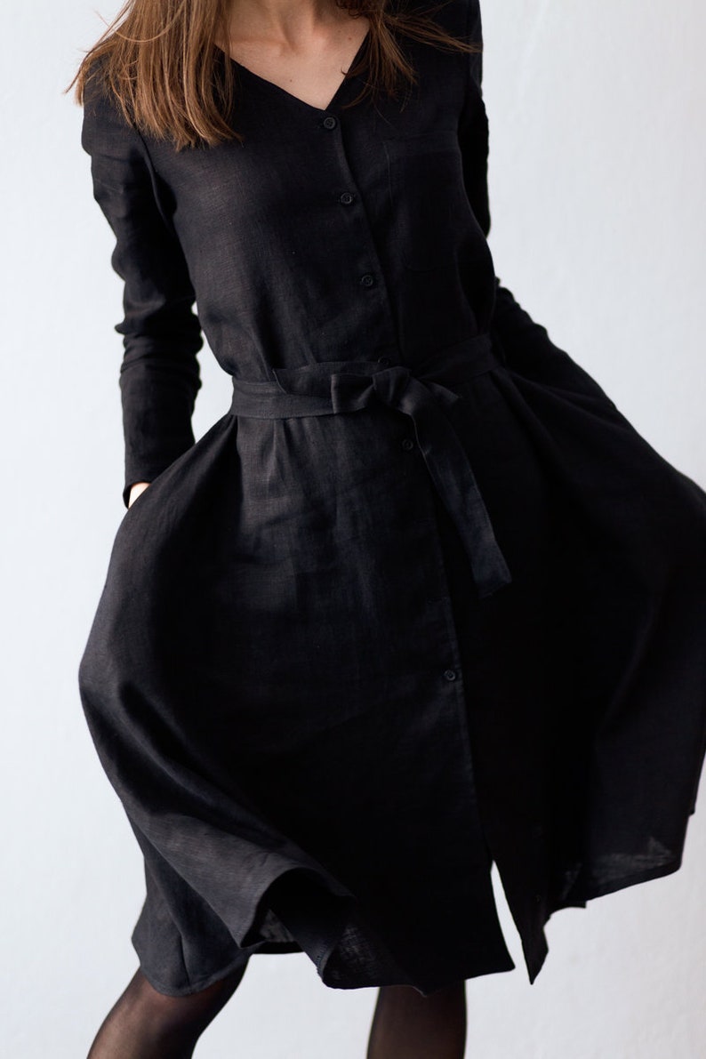 Linen Dress With Buttons and Belt AGATHA Office Linen Dress Linen Shirt