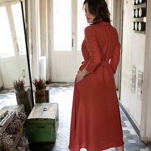 Long linen dress with buttons, collar and belt image 7