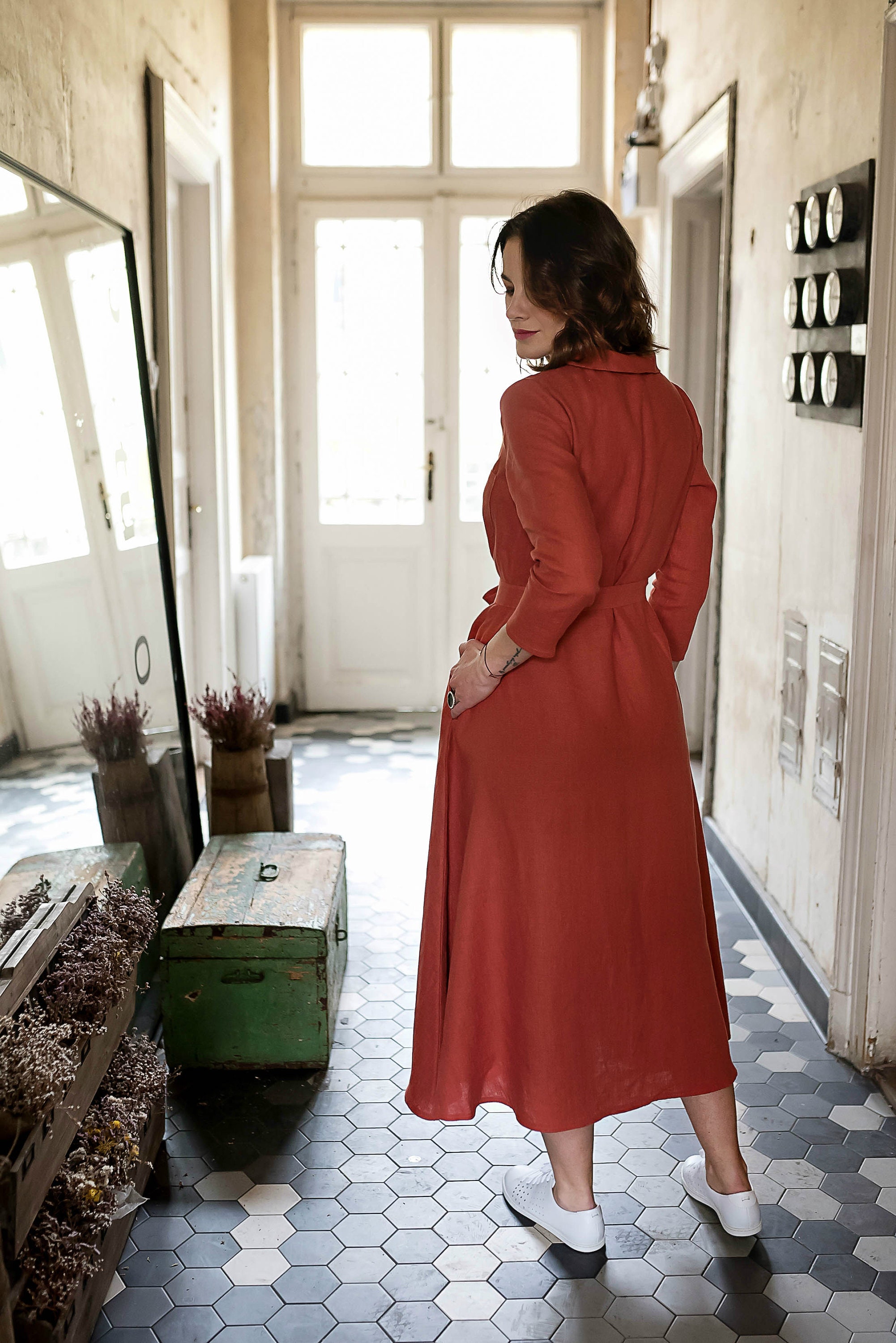 Women's Stand Collar Long SLeeves Linen Dress