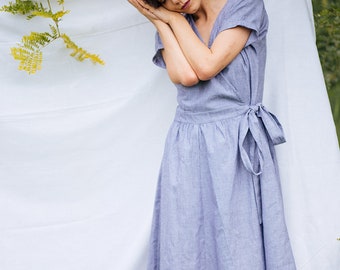 Organic cotton wrap dress. Linen look GOTS certified organic cotton dress