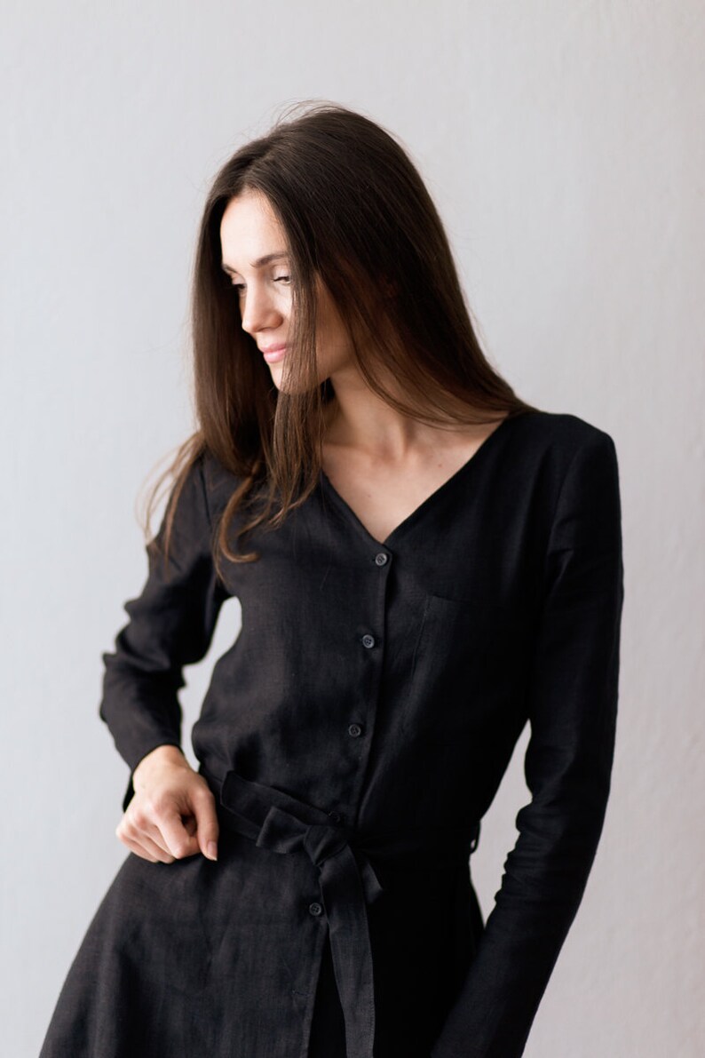 Linen Dress With Buttons and Belt AGATHA Office Linen Dress Linen Shirt