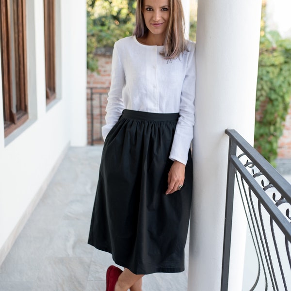 Midi length organic cotton poplin skirt
