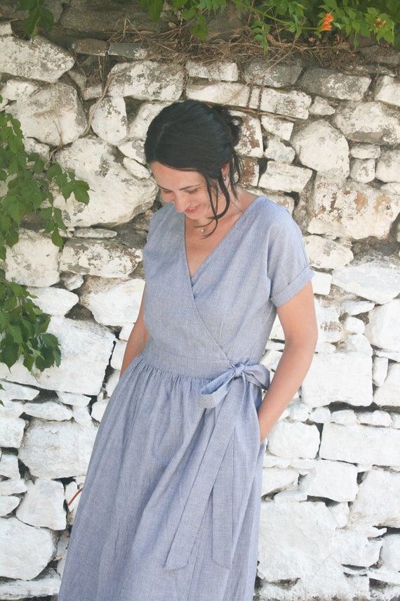 Organic Cotton Wrap Dress. Linen Look ...