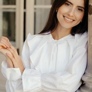 Cotton blouse TILDA White cotton elegant blouse Ruffled sleeve white blouse with bow at collar image 3