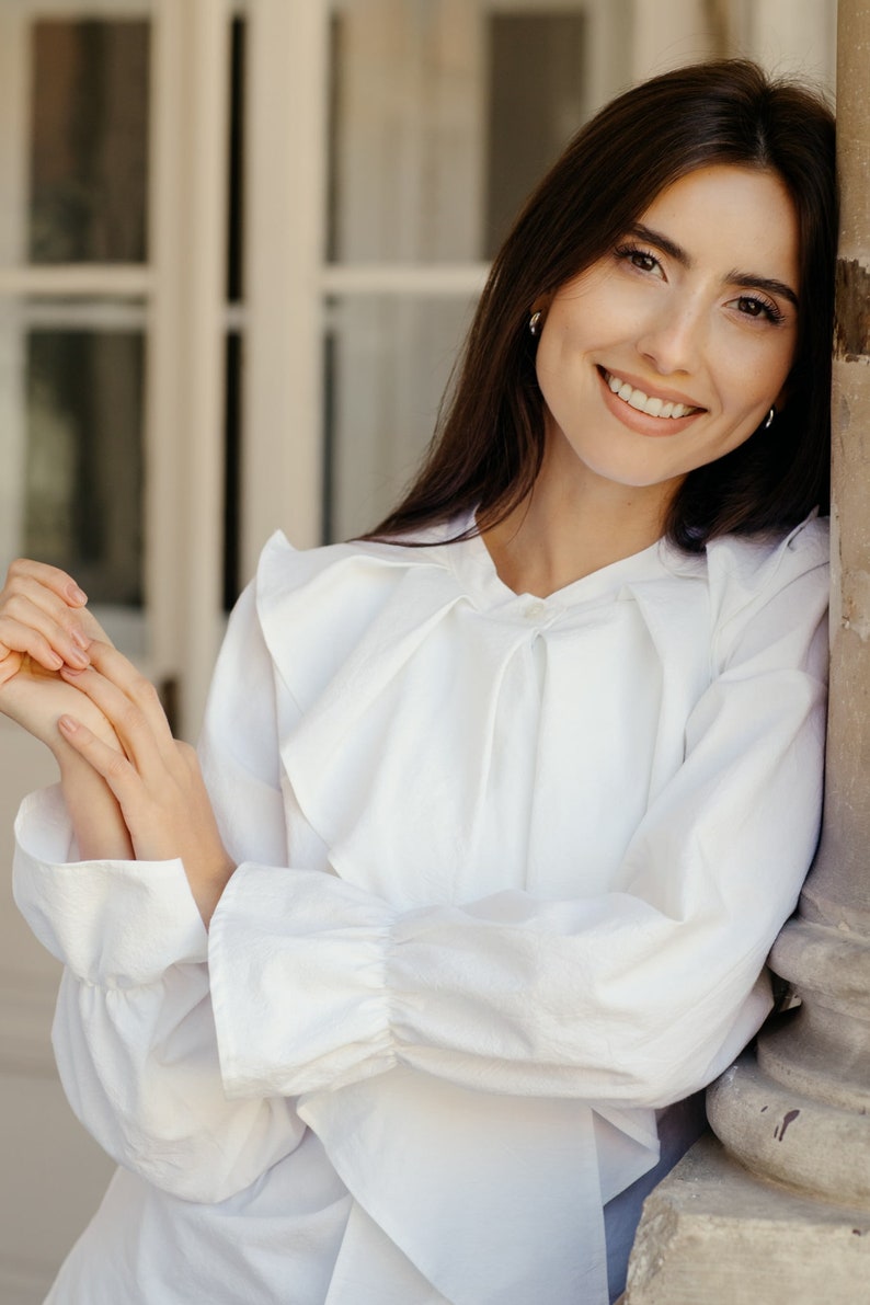 Cotton blouse TILDA White cotton elegant blouse Ruffled sleeve white blouse with bow at collar image 3