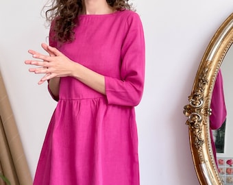 Linen dress with sleeves • Gathered relaxed fit linen dress • Gathered knee length dress