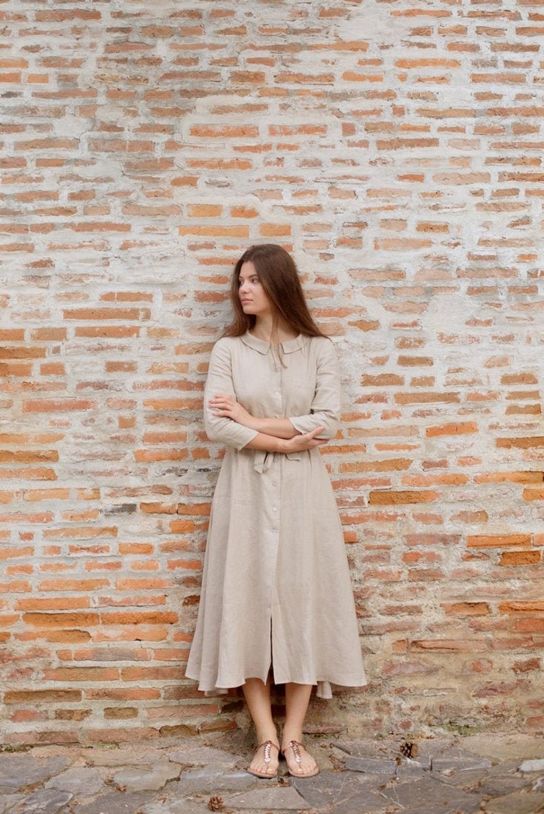 Long linen dress with buttons, collar and belt image 1