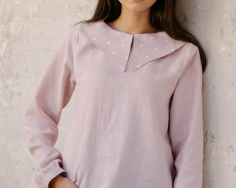 Long sleeves linen blouse with polka dots collar OLIVIA • Straight linen blouse with collar • VERLINNE