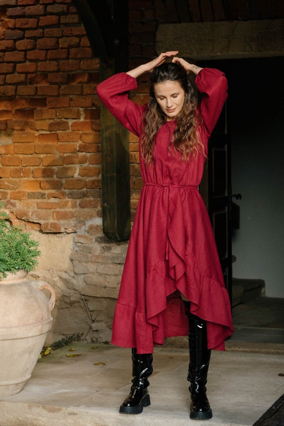 Elegant Linen Dress STORY Ruffled Linen Party Dress Burgundy Linen Dress Christmas Dress Etsy