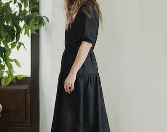 Midi linen dress NINA • Black linen dress • Autumn Winter black dress