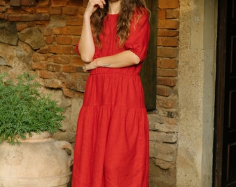 Midi linen dress NINA • Red linen dress • Autumn Winter black dress
