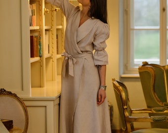 Long Wrap Linen Dress ZITA, Handmade linen dress with shawl collar, VERLINNE
