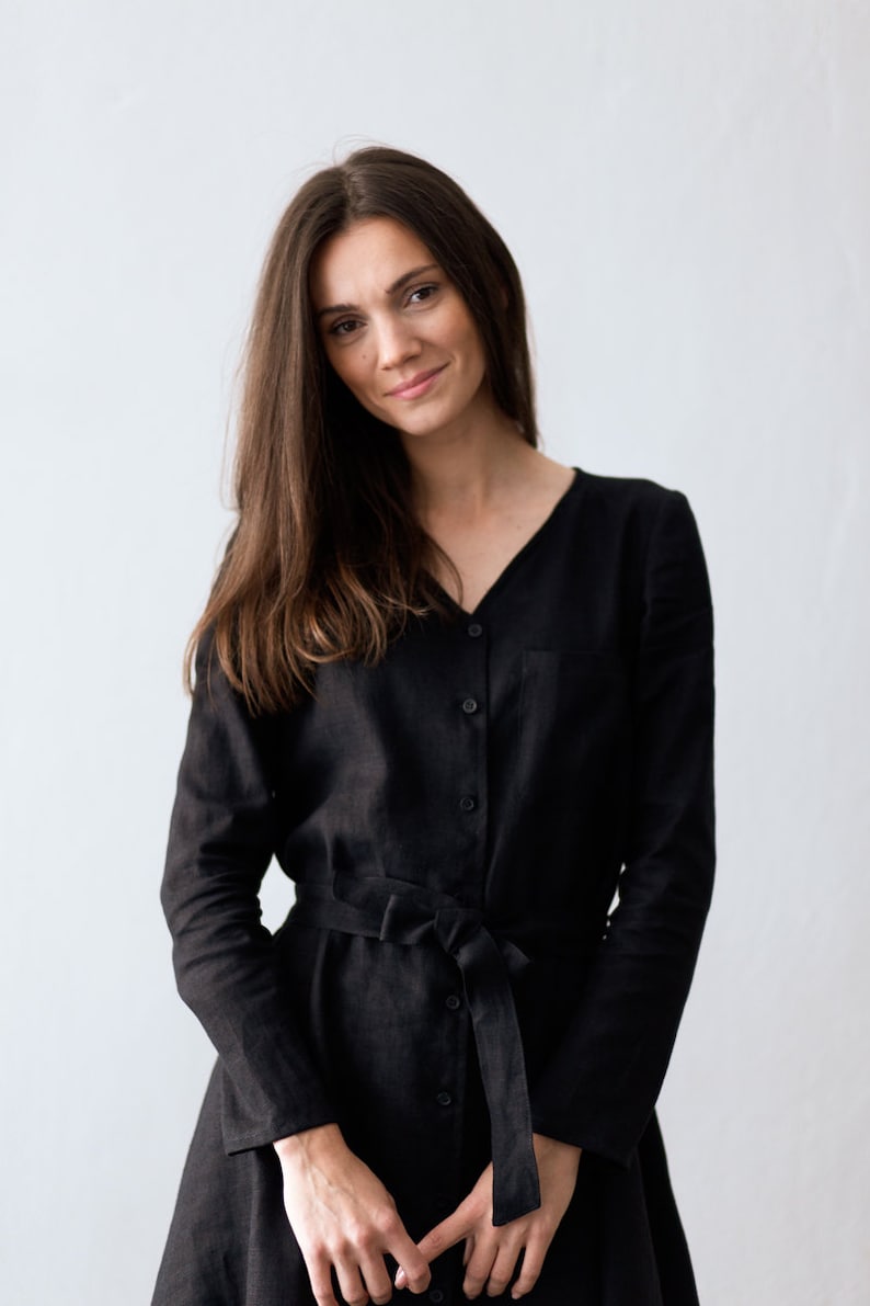 Linen Dress With Buttons and Belt AGATHA Office Linen Dress Linen Shirt