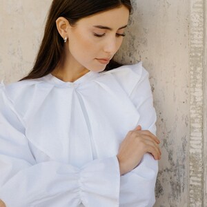 Cotton blouse TILDA White cotton elegant blouse Ruffled sleeve white blouse with bow at collar image 2