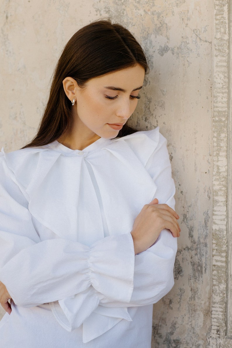 Cotton blouse TILDA White cotton elegant blouse Ruffled sleeve white blouse with bow at collar image 2